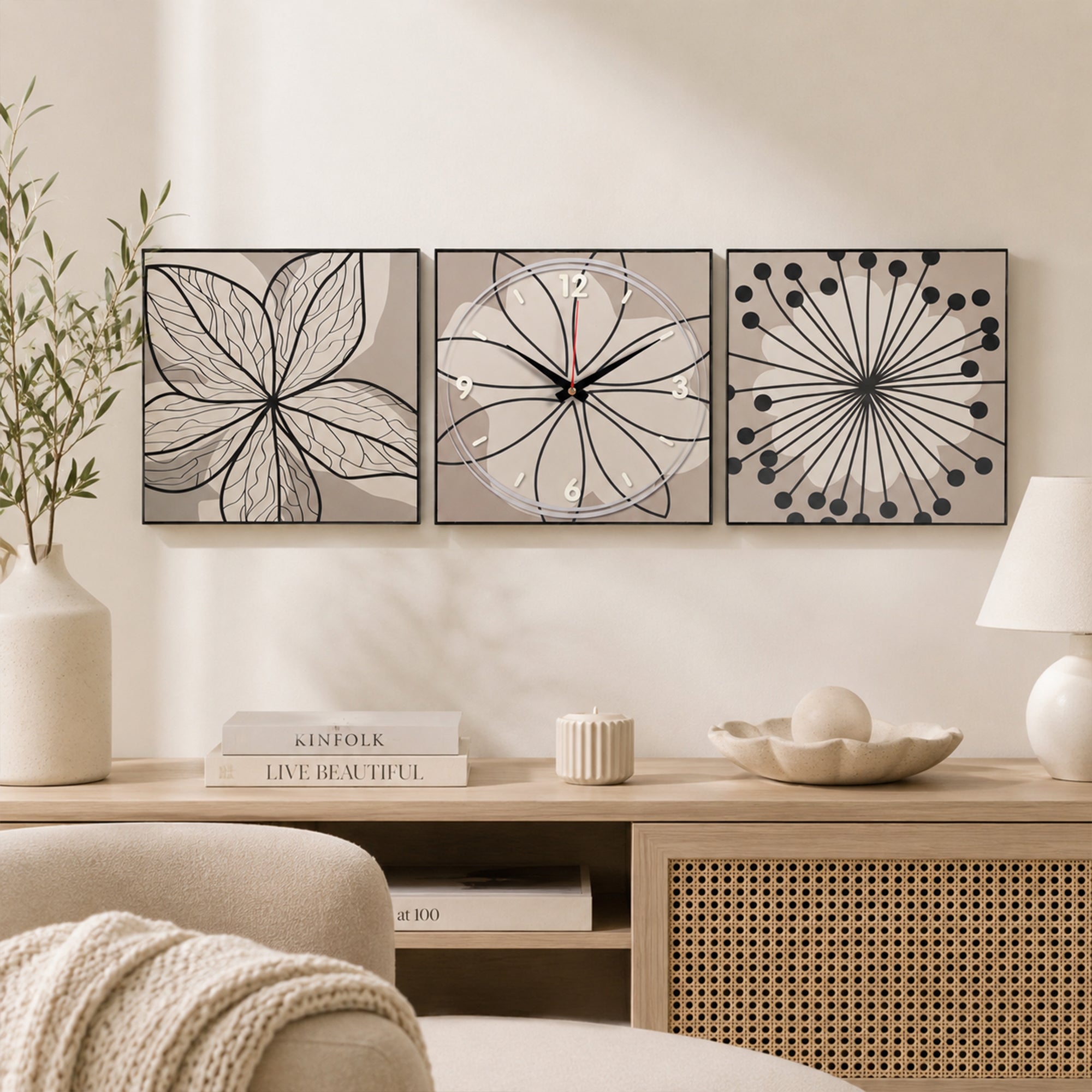 Botanical Sketch Triptych Clock Set