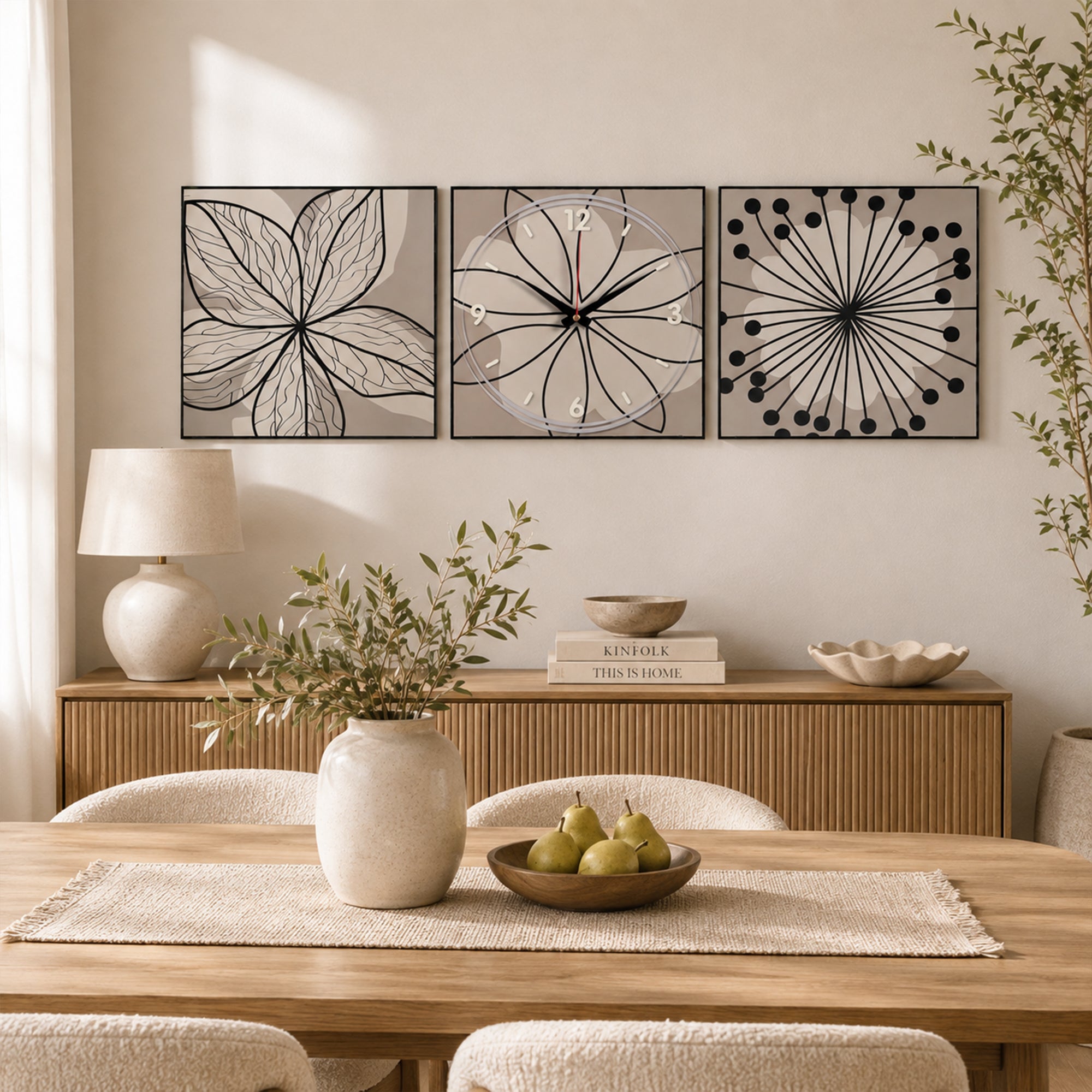 Botanical Sketch Triptych Clock Set