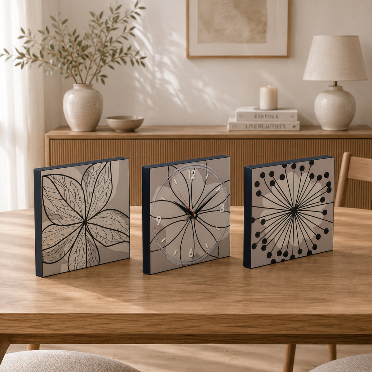 Botanical Sketch Triptych Clock Set