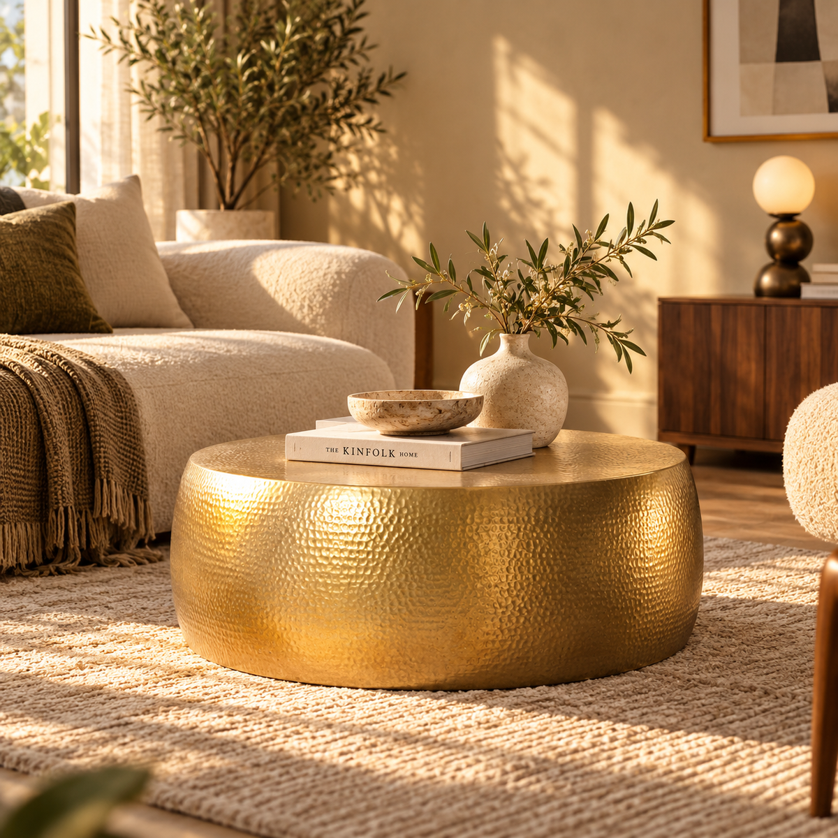 Solis Hand-Hammered Brass Round Drum Coffee Table