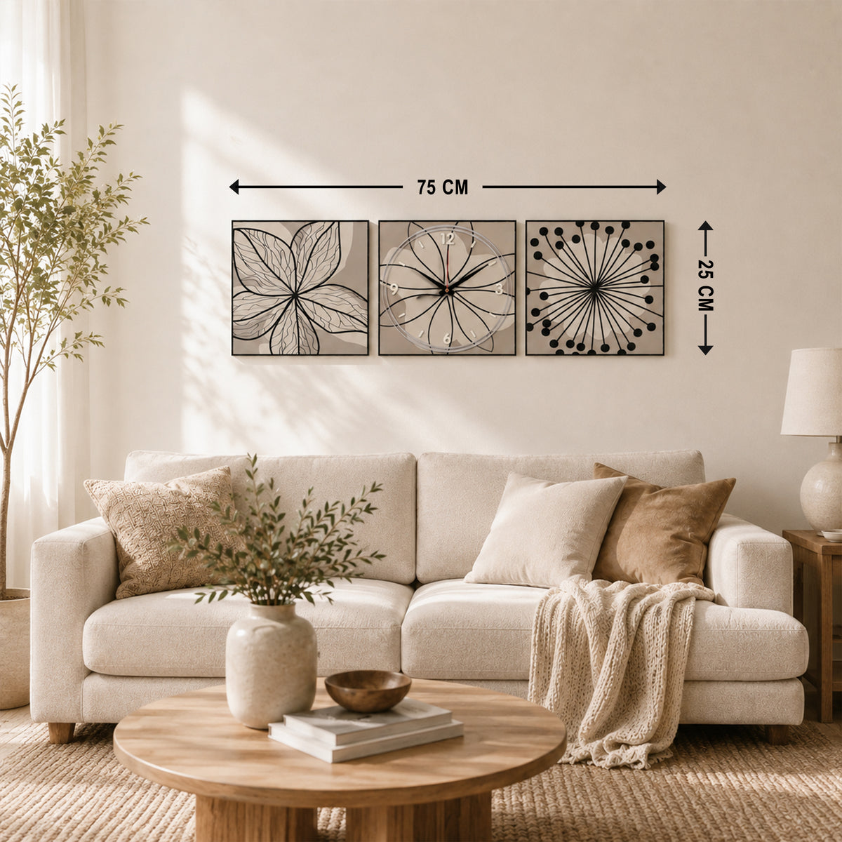 Botanical Sketch Triptych Clock Set