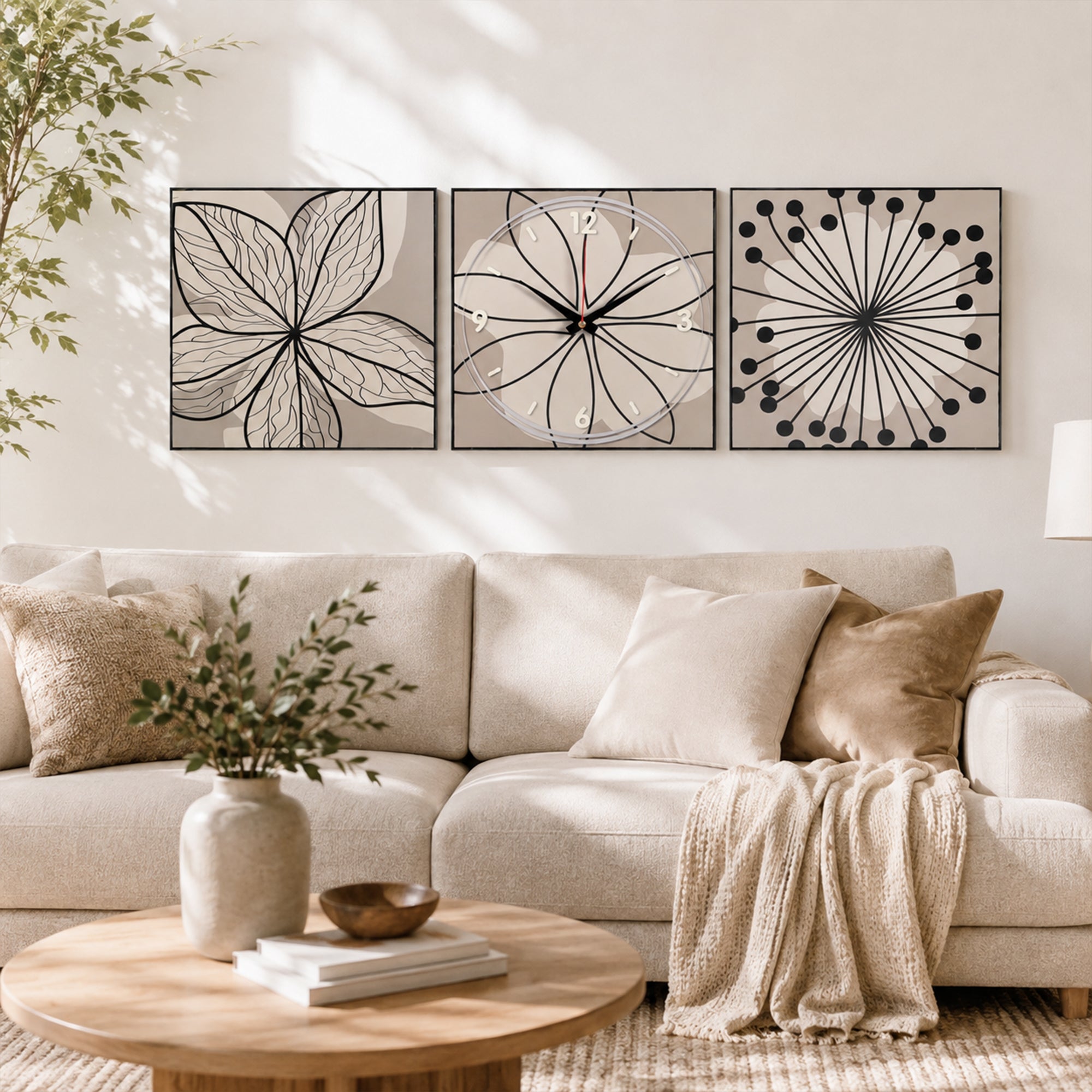 Botanical Sketch Triptych Clock Set