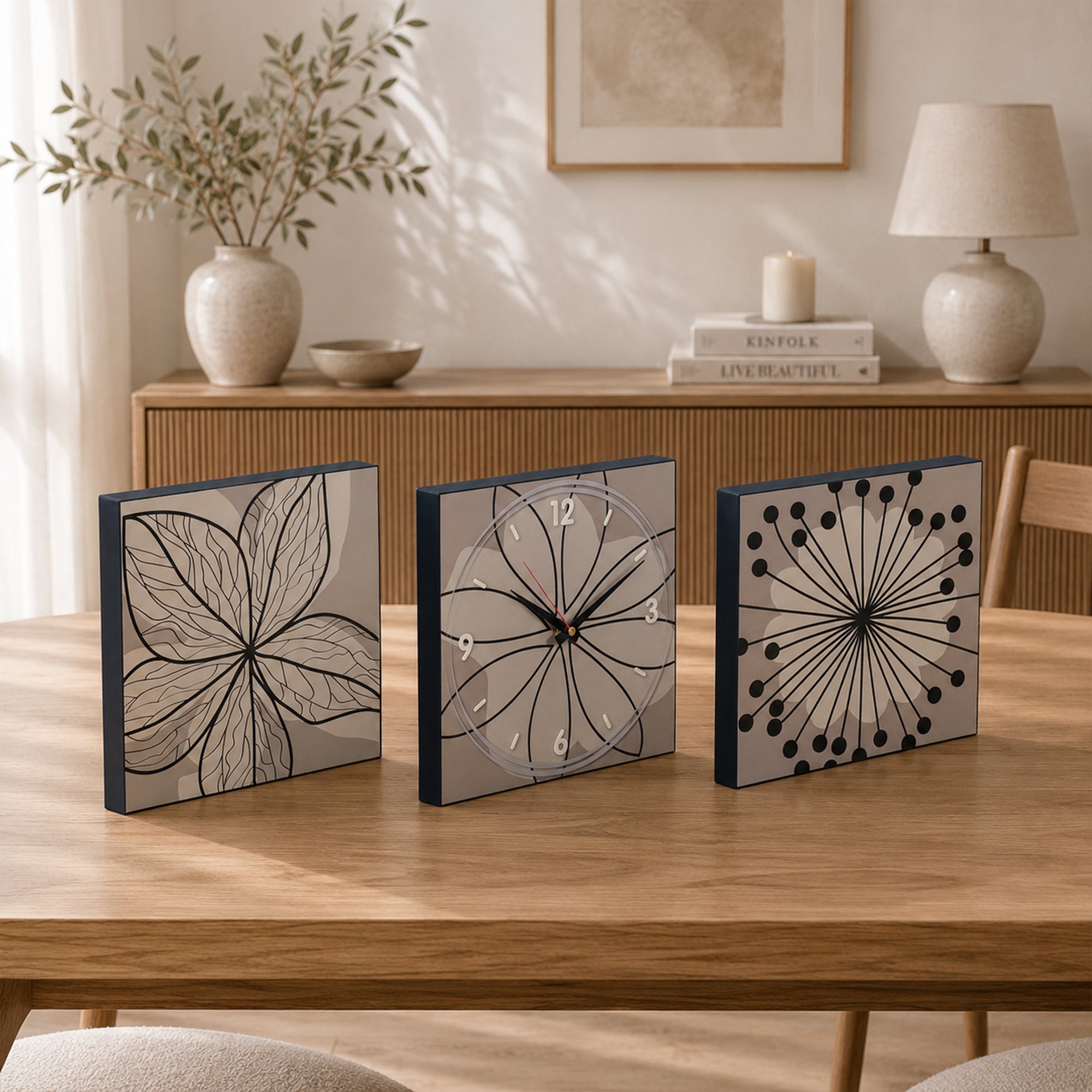 Botanical Sketch Triptych Clock Set