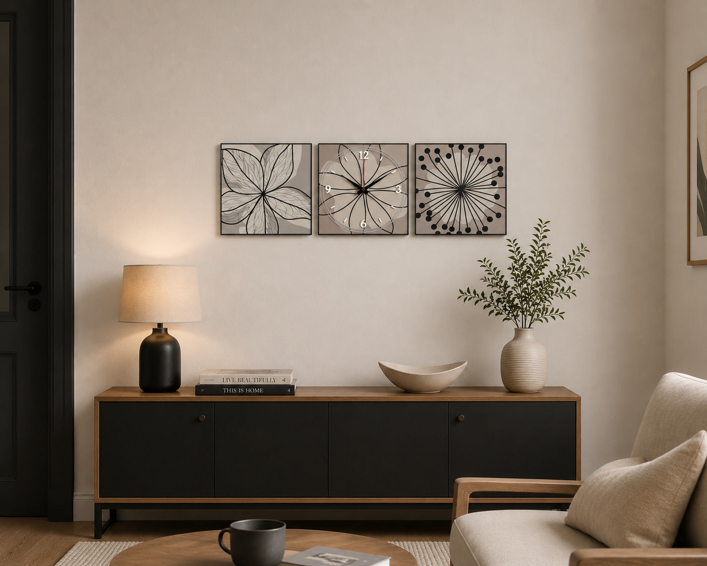 Botanical Sketch Triptych Clock Set